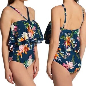 Jantzen Clair Ruffle Adjustable Halter Strap One-Piece swimsuit Navy / Floral 12